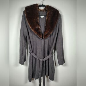 Talbots Gray Knit Cardigan Detachable Faux Fur - Wool Silk Cashmere Blend Sz L